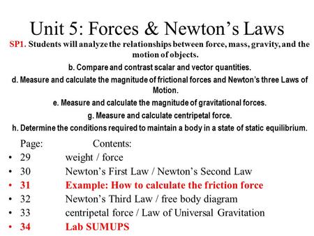 Unit 5: Forces & Newton’s Laws Page:Contents: 29weight / force 30Newton’s First Law / Newton’s Second Law 31Example: How to calculate the friction force.