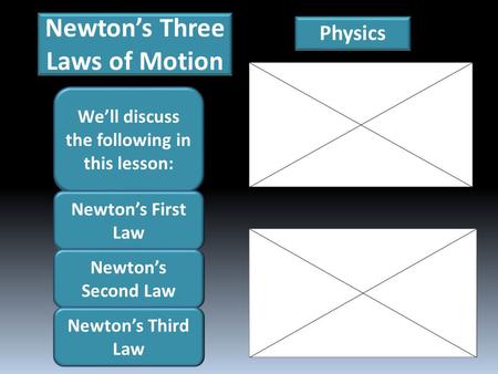 Newton’s Three Laws of Motion Physics We’ll discuss the following in this lesson: Newton’s First Law Newton’s Second Law Newton’s Third Law.