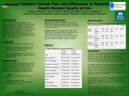 Pediatric Chronic Pain and Differences in Parental Health-Related Quality of Life Gustavo R. Medrano¹, Susan T. Heinze¹, Keri R. Hainsworth 2,3, Steven.