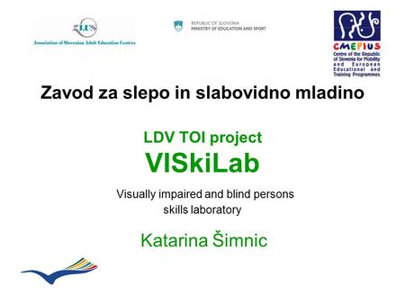 Zavod za slepo in slabovidno mladino LDV TOI project VISkiLab Visually impaired and blind persons skills laboratory Katarina Šimnic.
