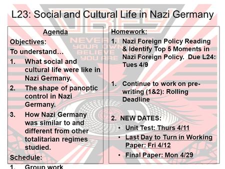 L23: Social and Cultural Life in Nazi Germany Agenda Objectives: To understand… 1.What social and cultural life were like in Nazi Germany. 2.The shape.