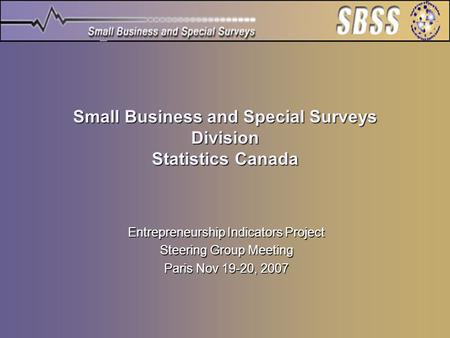 Small Business and Special Surveys Division Statistics Canada Entrepreneurship Indicators Project Steering Group Meeting Paris Nov 19-20, 2007.