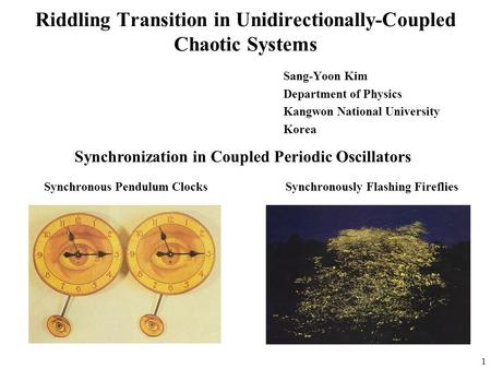 1 Riddling Transition in Unidirectionally-Coupled Chaotic Systems Sang-Yoon Kim Department of Physics Kangwon National University Korea Synchronization.