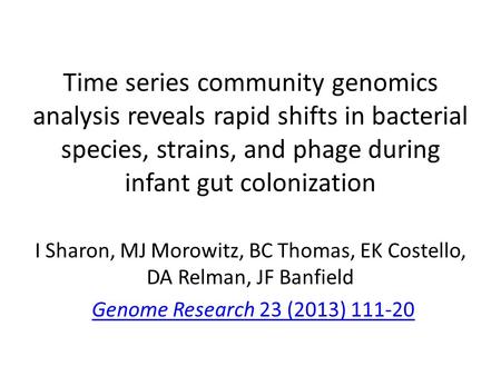 Time series community genomics analysis reveals rapid shifts in bacterial species, strains, and phage during infant gut colonization I Sharon, MJ Morowitz,