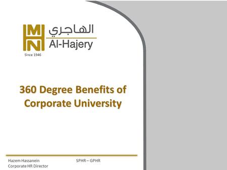 360 Degree Benefits of Corporate University Hazem HassaneinSPHR – GPHR Corporate HR Director Since 1946.