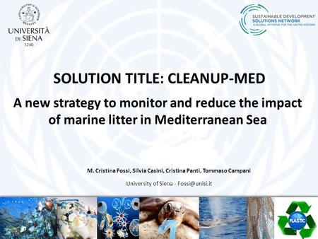 SOLUTION TITLE: CLEANUP-MED A new strategy to monitor and reduce the impact of marine litter in Mediterranean Sea M. Cristina Fossi, Silvia Casini, Cristina.