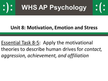 WHS AP Psychology Unit 8: Motivation, Emotion and Stress Essential Task 8-5: Apply the motivational theories to describe human drives for contact, aggression,