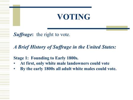 VOTING Suffrage: the right to vote.