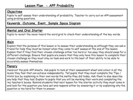 Lesson Plan - APP Probability Mental and Oral Starter Pupils to revisit the never heard the word grid to check their understanding of the key words. Main.
