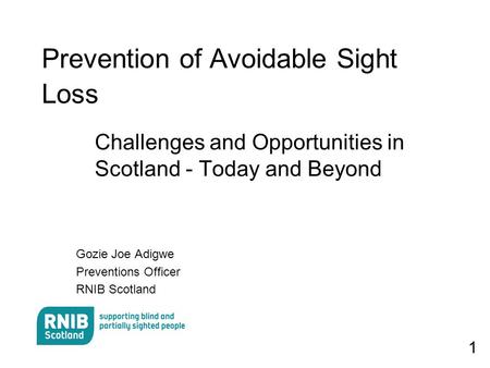 1 Prevention of Avoidable Sight Loss Challenges and Opportunities in Scotland - Today and Beyond Gozie Joe Adigwe Preventions Officer RNIB Scotland.