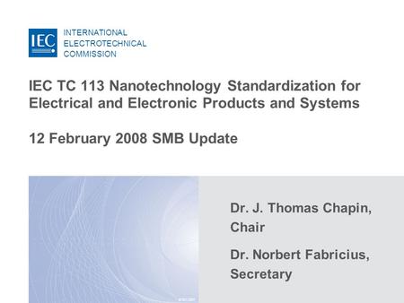 INTERNATIONAL ELECTROTECHNICAL COMMISSION © IEC:2007 IEC TC 113 Nanotechnology Standardization for Electrical and Electronic Products and Systems 12 February.