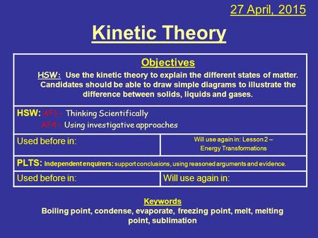 Kinetic Theory 27 April, 2015 Objectives HSW: Use the kinetic theory to explain the different states of matter. Candidates should be able to draw simple.