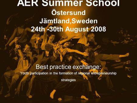 AER Summer School Östersund Jämtland,Sweden 24th -30th August 2008 Best practice exchange: Youth participation in the formation of regional entrepreneurship.