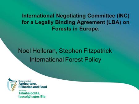 International Negotiating Committee (INC) for a Legally Binding Agreement (LBA) on Forests in Europe. Noel Holleran, Stephen Fitzpatrick International.