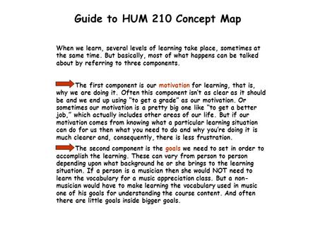 Guide to HUM 210 Concept Map When we learn, several levels of learning take place, sometimes at the same time. But basically, most of what happens can.
