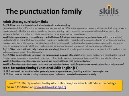 The punctuation family Adult Literacy curriculum links Rs/E3.3 Use punctuation and capitalisation to aid understanding (a) understand that different punctuation.