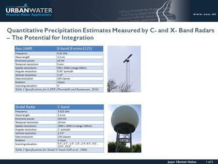 Jesper Ellerbæk Nielsen 1 of 5 URBANWATER Weather Radar Applications Quantitative Precipitation Estimates Measured by C- and X- Band Radars – The Potential.
