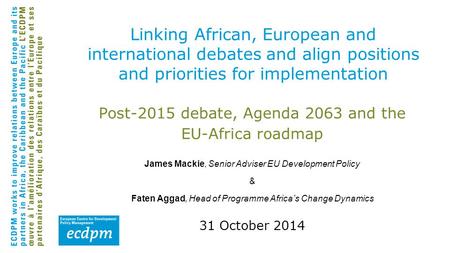 Post-2015 debate, Agenda 2063 and the EU-Africa roadmap Linking African, European and international debates and align positions and priorities for implementation.
