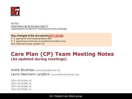 Care Plan (CP) Team Meeting Notes (As updated during meetings) André Boudreau Laura Heermann Langford