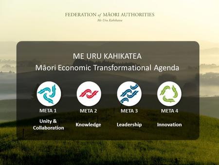 Unity & Collaboration KnowledgeLeadershipInnovation META 1 META 2META 3META 4 Māori Economic Transformational Agenda ME URU KAHIKATEA.
