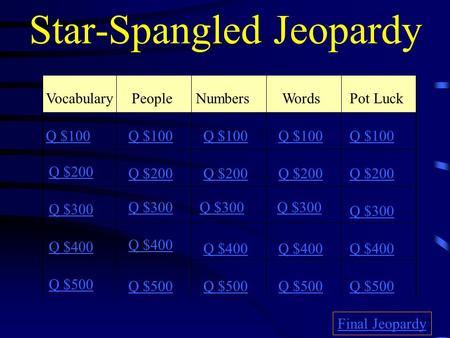 Star-Spangled Jeopardy VocabularyPeopleNumbersWords Pot Luck Q $100 Q $200 Q $300 Q $400 Q $500 Q $100 Q $200 Q $300 Q $400 Q $500 Final Jeopardy.