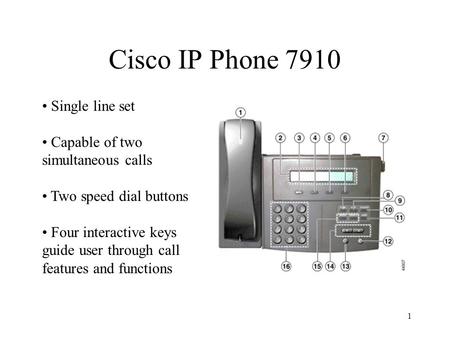 1 Cisco IP Phone 7910 Single line set Capable of two simultaneous calls Two speed dial buttons Four interactive keys guide user through call features and.