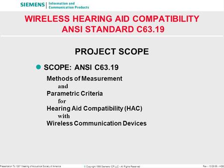 © Copyright 1999 Siemens ICP LLC - All Rights Reserved Presentation To 138 th Meeting of Acoustical Society of AmericaRev - 10/29/99 - HSB WIRELESS HEARING.