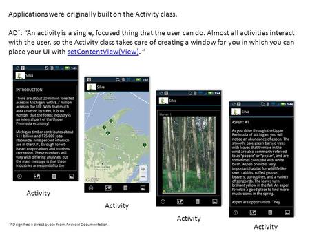 Activity Applications were originally built on the Activity class. AD * : “An activity is a single, focused thing that the user can do. Almost all activities.