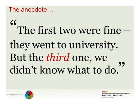 “ The first two were fine – they went to university. But the third one, we didn’t know what to do. ” The anecdote…