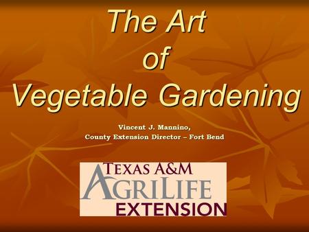The Art of Vegetable Gardening The Art of Vegetable Gardening Vincent J. Mannino, County Extension Director – Fort Bend.