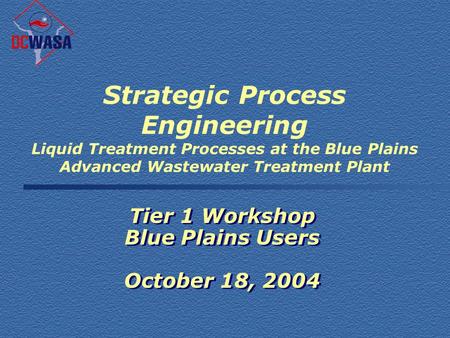 Strategic Process Engineering Liquid Treatment Processes at the Blue Plains Advanced Wastewater Treatment Plant Tier 1 Workshop Blue Plains Users October.