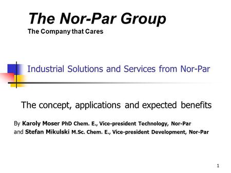 The Nor-Par Group The Company that Cares 1 Industrial Solutions and Services from Nor-Par The concept, applications and expected benefits By Karoly Moser.