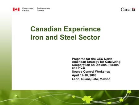 Canadian Experience Iron and Steel Sector Prepared for the CEC North American Strategy for Catalyzing Cooperation on Dioxins, Furans and HCB Source Control.