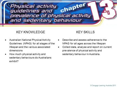 KEY KNOWLEDGEKEY SKILLS  Australian National Physical Activity Guidelines (NPAG) for all stages of the lifespan and the various associated dimensions.
