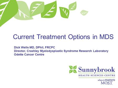 Current Treatment Options in MDS Dick Wells MD, DPhil, FRCPC Director, Crashley Myelodysplastic Syndrome Research Laboratory Odette Cancer Centre.