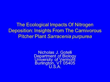 The Ecological Impacts Of Nitrogen Deposition: Insights From The Carnivorous Pitcher Plant Sarracenia purpurea Nicholas J. Gotelli Department of Biology.
