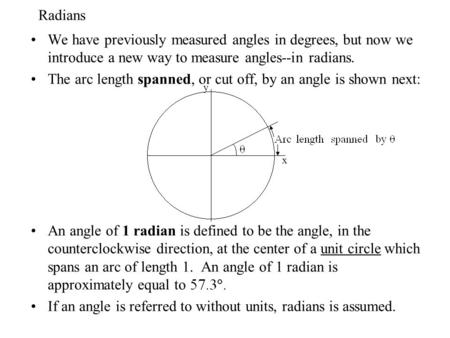 The arc length spanned, or cut off, by an angle is shown next: