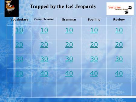 Trapped by the Ice! Jeopardy Vocabulary Comprehension GrammarSpellingReview 10 20 30 40.
