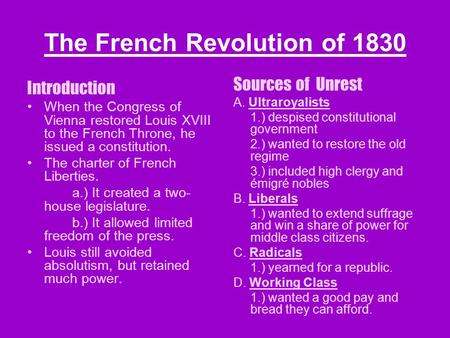 The French Revolution of 1830 Introduction When the Congress of Vienna restored Louis XVIII to the French Throne, he issued a constitution. The charter.
