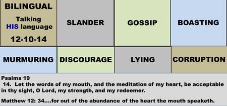 BILINGUAL Talking HIS language 12-10-14 MURMURINGDISCOURAGELYING CORRUPTION SLANDER GOSSIP BOASTING Psalms 19 14. Let the words of my mouth, and the meditation.