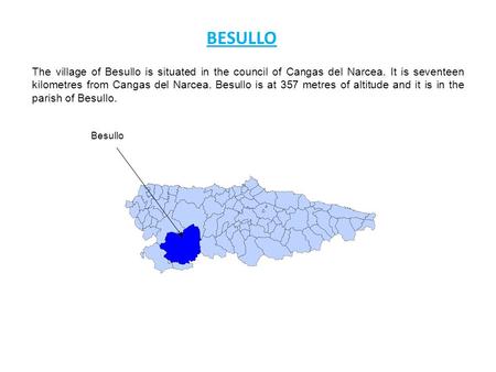 The village of Besullo is situated in the council of Cangas del Narcea. It is seventeen kilometres from Cangas del Narcea. Besullo is at 357 metres of.
