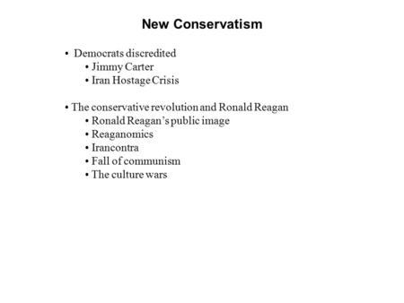 New Conservatism Democrats discredited Jimmy Carter Iran Hostage Crisis The conservative revolution and Ronald Reagan Ronald Reagan’s public image Reaganomics.