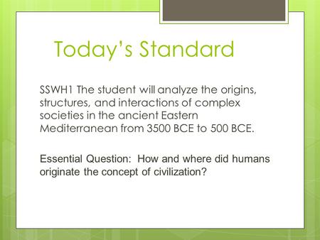 Today’s Standard SSWH1 The student will analyze the origins, structures, and interactions of complex societies in the ancient Eastern Mediterranean from.