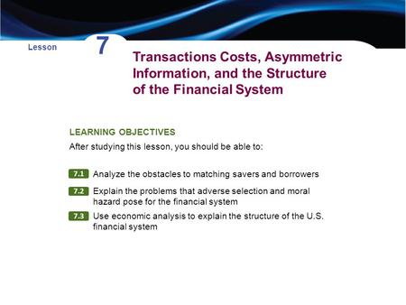 Transactions Costs, Asymmetric Information, and the Structure of the Financial System Lesson 7 LEARNING OBJECTIVES After studying this lesson, you should.