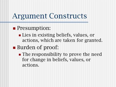 Argument Constructs Presumption: Lies in existing beliefs, values, or actions, which are taken for granted. Burden of proof: The responsibility to prove.