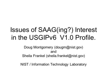 Issues of SAAG(ing?) Interest in the USGIPv6 V1.0 Profile. Doug Montgomery and Sheila Frankel NIST / Information.