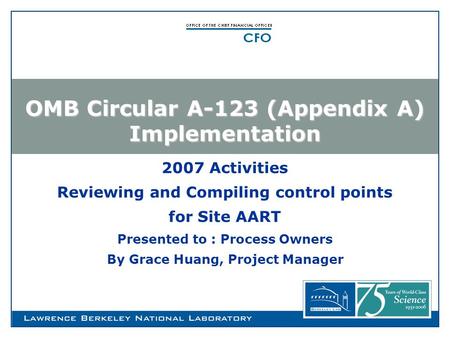2007 Activities Reviewing and Compiling control points for Site AART Presented to : Process Owners By Grace Huang, Project Manager OMB Circular A-123 (Appendix.