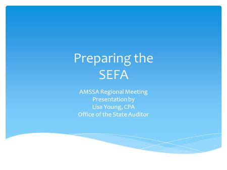 Preparing the SEFA AMSSA Regional Meeting Presentation by Lisa Young, CPA Office of the State Auditor.