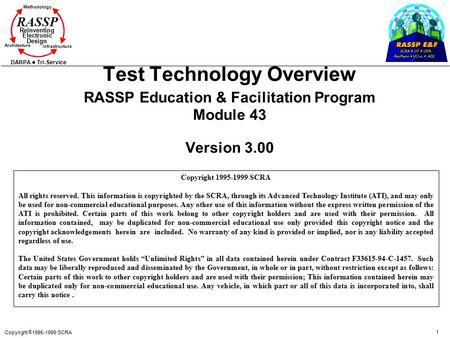 Test Technology Overview RASSP Education & Facilitation Program Module 43 Version 3.00 Copyright 1995-1999 SCRA All rights reserved. This information.