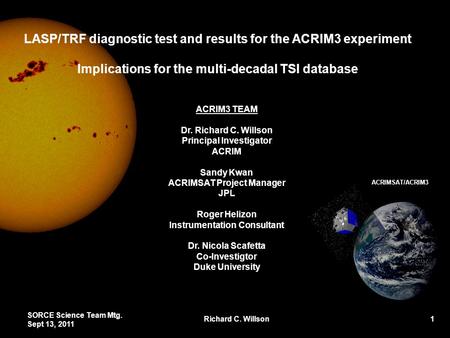 LASP/TRF diagnostic test and results for the ACRIM3 experiment Implications for the multi-decadal TSI database ACRIMSAT/ACRIM3 ACRIM3 TEAM Dr. Richard.